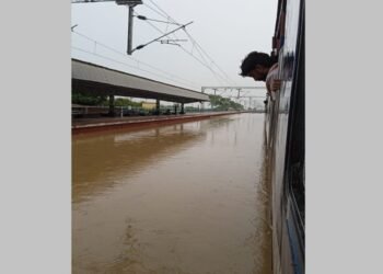 बासुकीनाथ रेलवे स्टेशन की पटरी पानी में डूबी, आवागमन बाधित