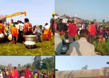 रामगढ़ में सरसों के तेल से भरा टैंकर पलटा, लोगों ने तेल की जमकर लूट मचाई